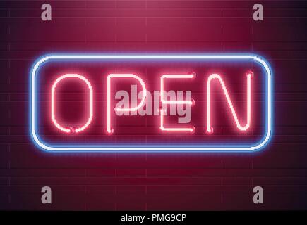 Bar open light Neon Sign. Night store red glowing letters . Open 24 hours sign Stock Vector