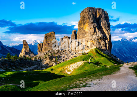 View of the Cinque Torri in Nuvolao Group of the Italian Dolomites in the evening at the Province of Belluno Italy Stock Photo