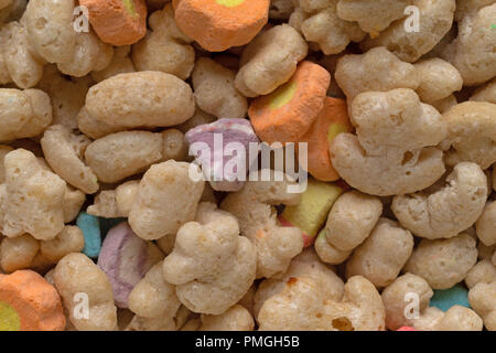 Close view of generic crunchy breakfast cereal with fruit flavored bits. Stock Photo