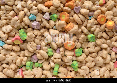 Generic crunchy breakfast cereal with fruit flavored bits. Stock Photo