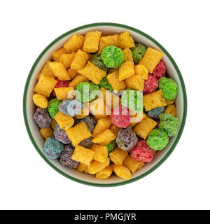Top view of a bowl of generic fruit flavored breakfast cereal isolated on a white background. Stock Photo