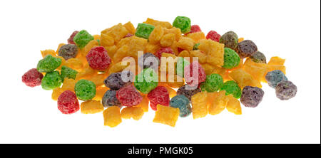 A portion of generic fruit flavored breakfast cereal isolated on a white background. Stock Photo