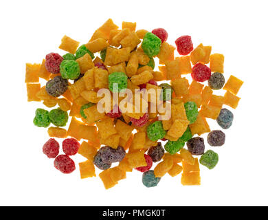 Top view of a portion of generic fruit flavored breakfast cereal isolated on a white background. Stock Photo