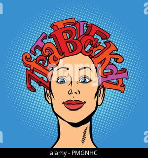 woman and alphabet letters, hair on head, knowledge concept Stock Vector