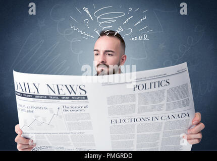 Confused businessman holding newspaper concept Stock Photo