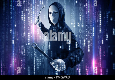 Masked and armed anonymous hacker breaking in cyber security cloud data concept  Stock Photo