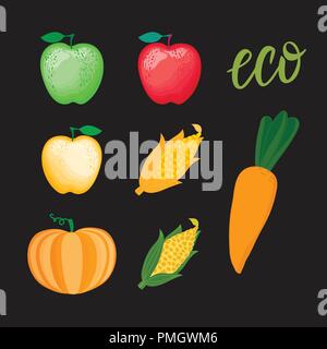 Set cartoon vegetables and different color apple. Corn pumpkin Vector illustration isolated on dark background. Stock Vector