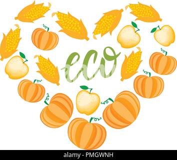 Autumn Cartoon Heart with orange vegetable and apple. Vector ilustration isolated on white background. Thanksgiving day design. Stock Vector