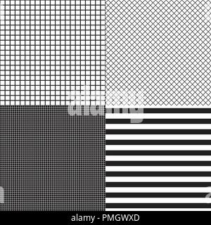 Set of striped and grid cells seamless patterns. Black and white colors Vector fashion background templates. Stock Vector