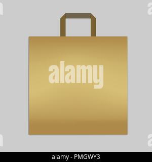 Paper shopping or merchandise bag with handle, vector mockup. Golden colored square retail package, template Stock Vector