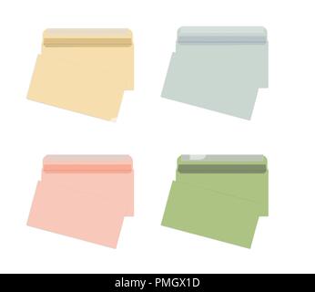 Set of blank colored envelopes with self adhesive seal isolated on white background, vector mock up Stock Vector