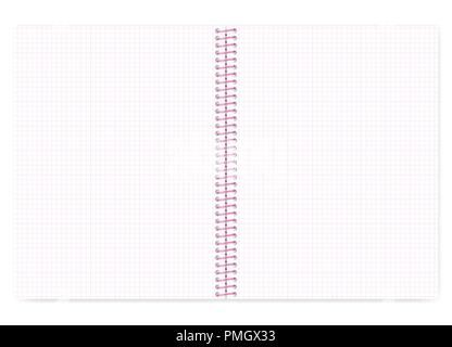 Open grid lined wire bound notebook with pink spiral, vector mock up. Loose leaf notepad spread isolated on white background, template Stock Vector