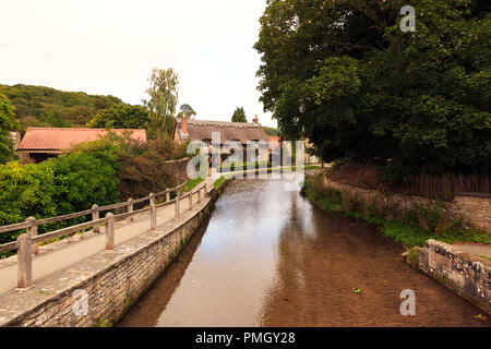 Thatched Cottage by the Beck in Thornton-le-Dale North Yorkshire Stock Photo