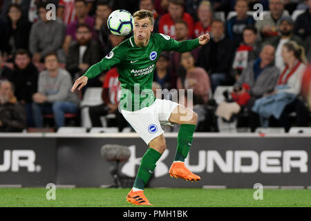 Solly March of Brighton & Hove Albion - Southampton v Brighton & Hove Albion, Premier League, St Mary's Stadium, Southampton - 17th September 2018  STRICTLY EDITORIAL USE ONLY - DataCo rules apply - The use of this image in a commercial context is strictly prohibited unless express permission has been given by the club(s) concerned. Examples of commercial usage include, but are not limited to, use in betting and gaming, marketing and advertising products. No use with unauthorised audio, video, data, fixture lists, club and or league logos or services including those listed as 'live' Stock Photo