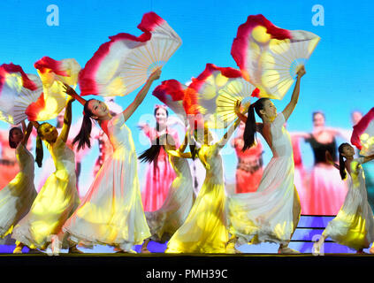 Beijing, China. 17th Sep, 2018. Dancers perform during a poetry reciting activity to greet the upcoming Mid-Autumn Festival in Beijing, capital of China, Sept. 17, 2018. Credit: Luo Xiaoguang/Xinhua/Alamy Live News Stock Photo