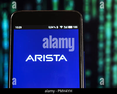 Kiev, Ukraine. 16th Sep, 2018. Arista Networks Company logo seen displayed on a smart phone. Arista Networks is a computer networking company headquartered in Santa Clara, California, USA. The company designs and sells multilayer network switches to deliver software-defined networking solutions for large datacenter, cloud computing, high-performance computing and high-frequency trading environments. Credit: Igor Golovniov/SOPA Images/ZUMA Wire/17�Թ����� Live News Stock Photo
