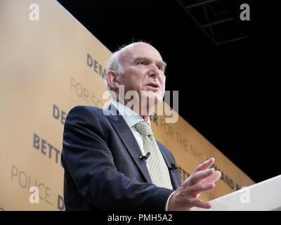 Brighton, UK. 18th September 2018. Lib Dem Leader Sir Vince Cable MP addresses Liberal Democrats at their Autumn 2018 Conference in Brighton.