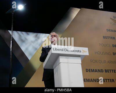 Brighton, UK. 18th September 2018. Lib Dem Leader Sir Vince Cable MP addresses Liberal Democrats at their Autumn 2018 Conference in Brighton.