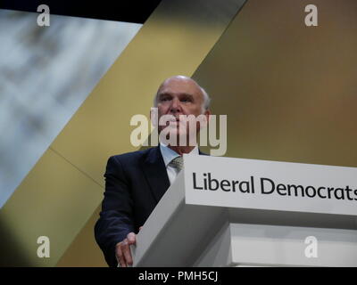 Brighton, UK. 18th September 2018. Lib Dem Leader Sir Vince Cable MP addresses Liberal Democrats at their Autumn 2018 Conference in Brighton. Stock Photo