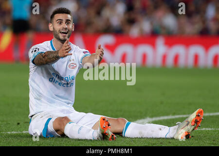 Camp Nou, Barcelona, Spain. 18th Sep, 2018. UEFA Champions League football, FC Barcelona versus PSV; Gaston Pereiro of PSV Eindhoven appeals for the decision to referee Credit: Action Plus Sports/Alamy Live News Stock Photo