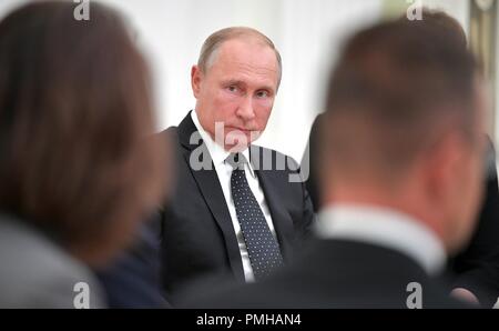 Moscow, Russia. 18th Sep 2018. Russian President Vladimir Putin during a bilateral meeting with Hungarian Prime Minister Viktor Orban at the Kremlin September 18, 2018 in Moscow, Russia. Credit: Planetpix/Alamy Live News Stock Photo
