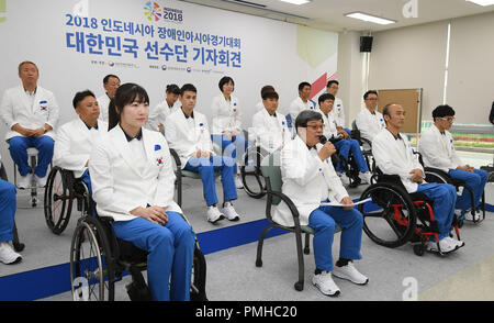 19th Sep, 2018. S. Korean squad to Para Asian Games Chun Min-shik, the chief of the athletes' delegation to the Para Asian Games, speaks at a press conference in Icheon, 80 kilometers south of Seoul, on Sept. 19, 2018. South Korea will send 207 athletes to the eight-day competition, which opens Oct. 6 in Jakarta, and hopes to form joint teams with North Korea in table tennis and swimming. (Pool photo) Credit: Yonhap/Newcom/Alamy Live News