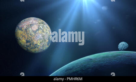 alien planet system, beautiful exoplanets in outer space (3d rendering ...