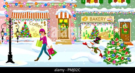 A young woman walks with shopping bags over a snow-covered street on Christmas Eve. A woman is walking along a snowy city street.  City street, decora Stock Vector