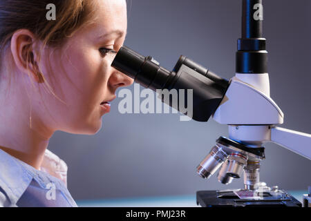Young scientist using a microscope in a laboratory Stock Photo
