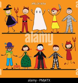 Happy Halloween. Funny little children in colorful costumes. Vector illustration. Icon Stock Vector