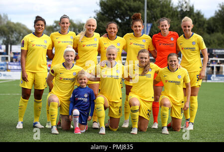 A team group of Chelsea Ladies' (left to right) Top row: Jess Carter, Deanna Cooper, Maria Thorisdottir, Drew Spence, Jade Bailey, Lizzie Durack and Sophie Ingle Bottom Row: Bethany England, Adelina Engman, Erin Cuthbert and Fran Kirby Stock Photo