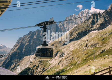 COURMAYEUR, ITALY - AUGUST 27, 2018: Cabin of new cableway SKYWAY MONTE BIANCO on the Italian side of Mont Blanc Stock Photo