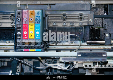 Old, dirty, disassembled ink jet printer. View of internal parts. Closeup. Stock Photo