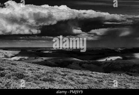 Dramatic rainy clouds over scenic upland with blossom heather and hilly green farmland in Shropshire Hills, United Kingdom. Black and white edit Stock Photo