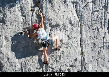 Female rock climber climbing rock face in the Gorges du Verdon / Verdon Gorge canyon, Alpes-de-Haute-Provence, Provence-Alpes-Côte d'Azur, France Stock Photo