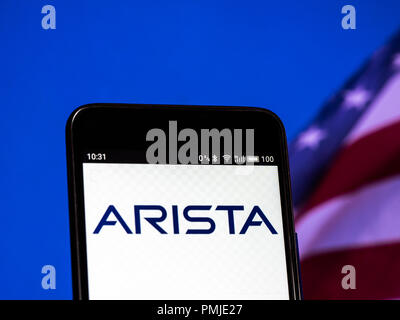 Arista Networks Company logo seen displayed on a smart phone. Arista Networks is a computer networking company headquartered in Santa Clara, California, USA. The company designs and sells multilayer network switches to deliver software-defined networking solutions for large datacenter, cloud computing, high-performance computing and high-frequency trading environments. Stock Photo