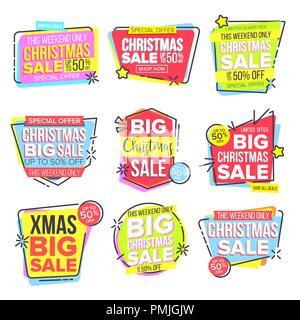 Christmas Big Sale Sticker Set Vector. Template For Advertising. Discount Tag, Special Offer Banner. Up To 50 Percent Off Badges. Promo Icon. Buy Label. Isolated Illustration Stock Vector
