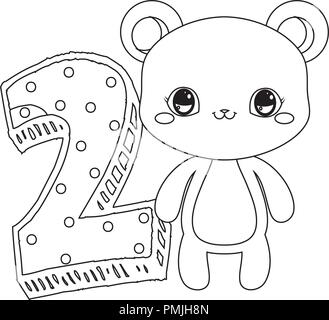 cute bear and number two icon over white background, vector illustration Stock Vector