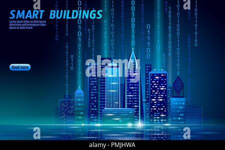 Smart city 3D neon glowing cityscape. Intelligent building automation night futuristic business concept. Web online blue color future technology. Urban banner vector illustration Stock Vector