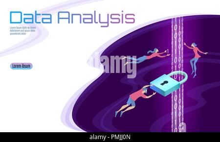 Secure data analysis processing business concept. Personal information safety isometric cartoon padlock binary code flow. People man work problem solving. Web banner background vector illustration Stock Vector