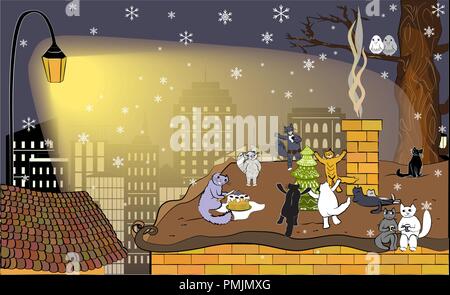 Winter vector greeting card with happy cats. Singing cat with microphone and his audience. Cute singer cat on the roof and his fans. February serenade Stock Vector