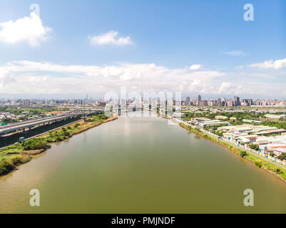 Shezi Bridge - landmark of Taipei, Taiwan with beautiful illumination at day, aerial photography in Taipei, Taiwan. Stock Photo