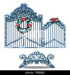 Set of forged metal elements of fence and gate covered with snow and decorated with wreath of fir branches with a red ribbon bow isolated on white background. Vector cartoon close-up illustration. Stock Vector