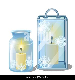 Set of decorative elements on theme of Christmas and New year isolated on white background.Glass transparent lamps or glowing lanterns with burning candles. Sketch for card, poster, party invitations. Stock Vector