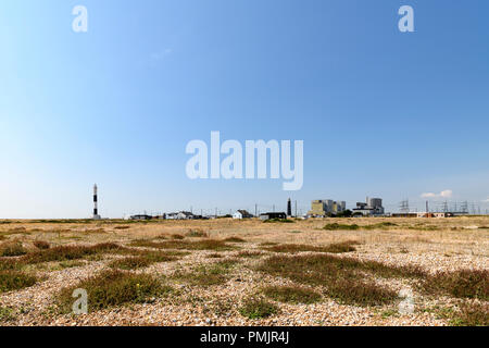 The lighthouses on the Dungeness Peninsula, Romney Marsh, Kent, England. 31 August 2018 Stock Photo