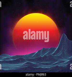 Retro background futuristic landscape 1980s style. Digital retro landscape cyber surface. Retro music album cover template sun, space, mountains . 80s Retro Sci-Fi Background Summer Landscape. Stock Vector