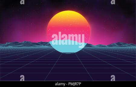 Retro background futuristic landscape 1980s style. Digital retro landscape cyber surface. Retro music album cover template sun, space, mountains . 80s Retro Sci-Fi Background Summer Landscape. Stock Vector