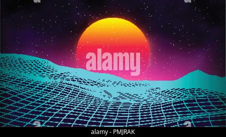 Retro background futuristic landscape 1980s style. Digital retro landscape cyber surface. Retro music album cover template sun, space, mountains . 80s Retro Sci-Fi Background Summer Landscape. Stock Vector