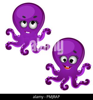 Set of funny laughing purple octopus isolated on white background. Vector cartoon close-up illustration. Stock Vector