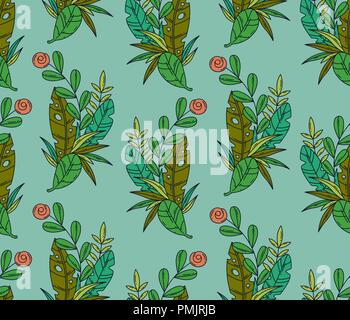 Vector seamless pattern of tropical leaves and flower. Stock Vector
